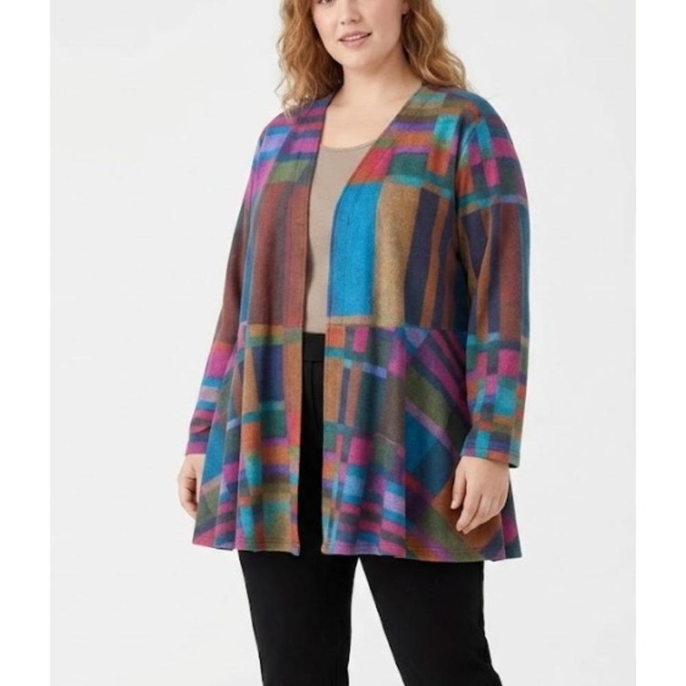 New Parsley & Sage Knit Jacket 2X Multi Geometric Art to Wear Boho Open Front